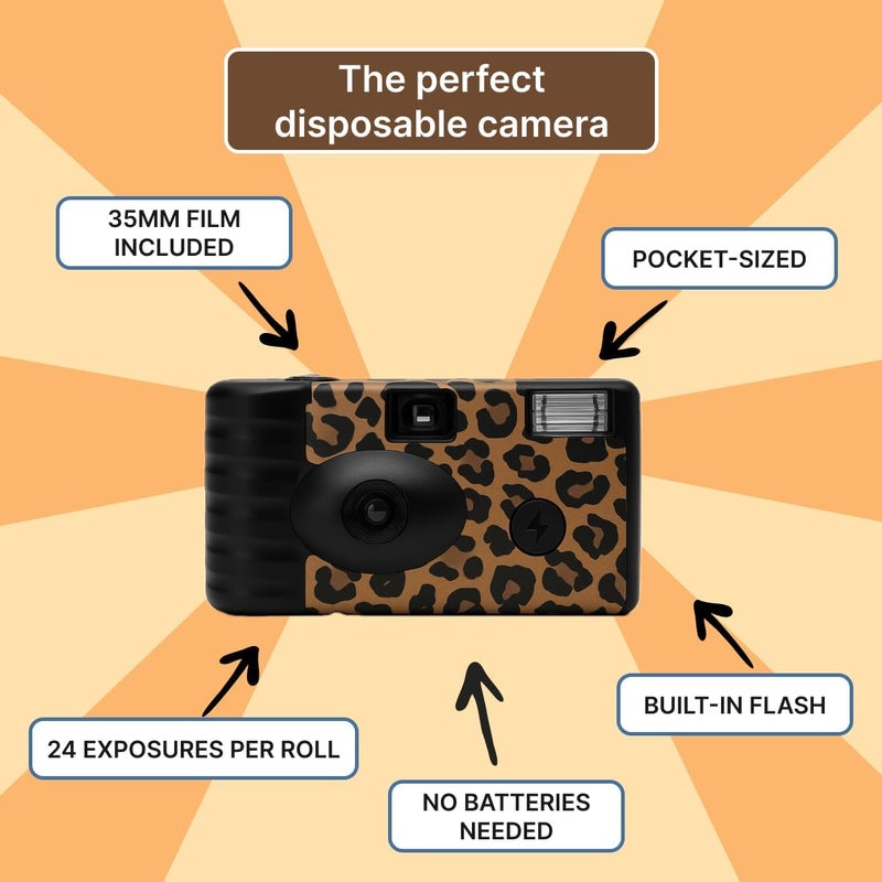 Lensy Disposable Film Camera – 35mm | 24 Shots | Perfect for Vacations, Parties, Weddings & Events, Easy-to-Use | Built-in Flash | Retro Photos | Film Included | No Batteries Needed (Cheetah Print) - Image 2